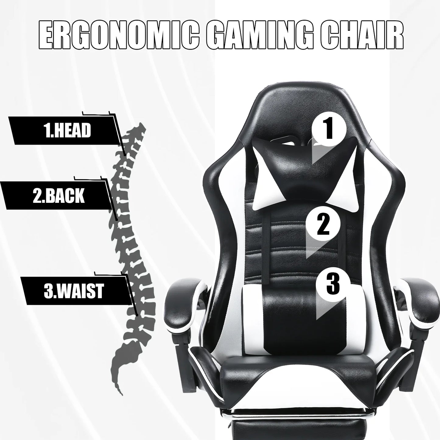 Ergonomic Reclining Gaming Chair with Footrest for Adults - PU Leather Office and Video Game Chair