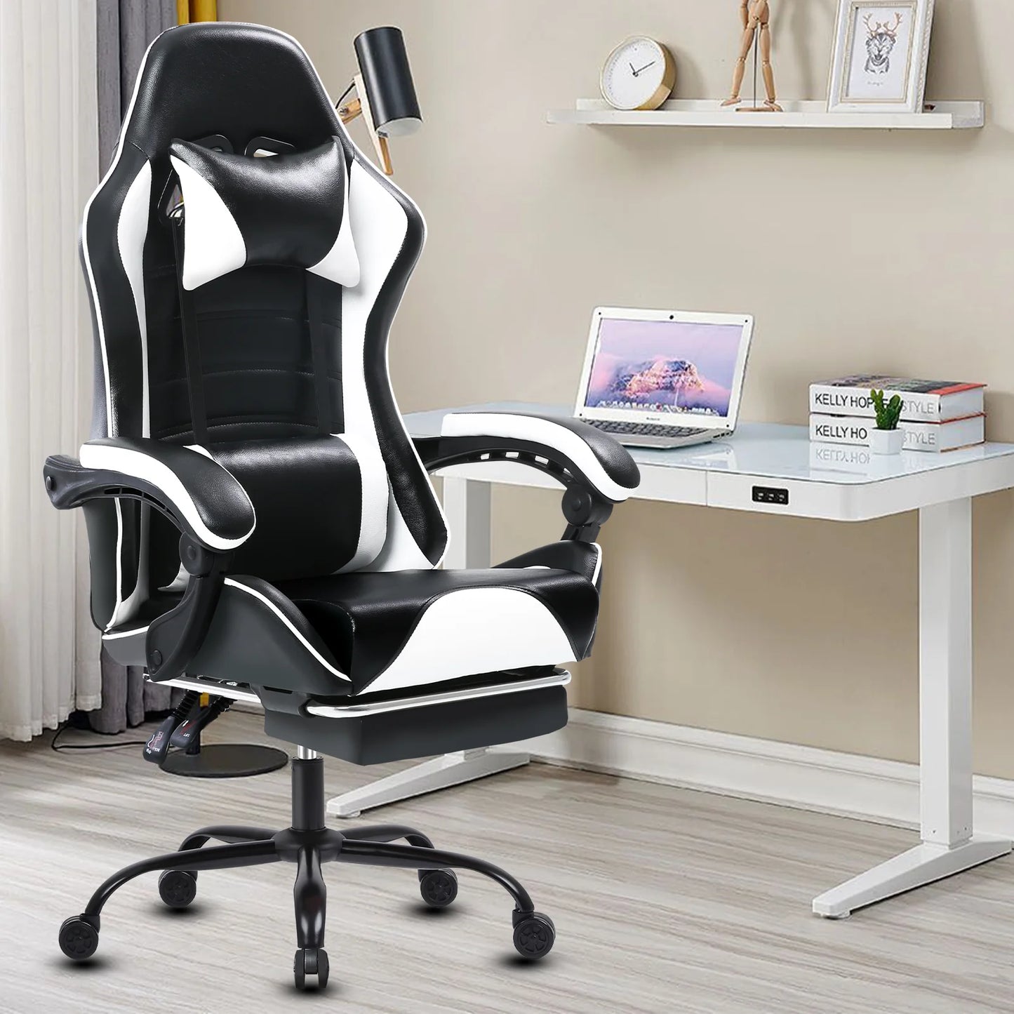 Ergonomic Reclining Gaming Chair with Footrest for Adults - PU Leather Office and Video Game Chair