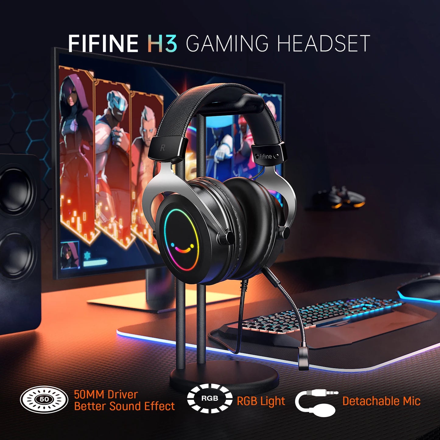 FIFINE Gaming Headset with Line Control/Detachable Mic with 3.5mm Over-ear Headphone