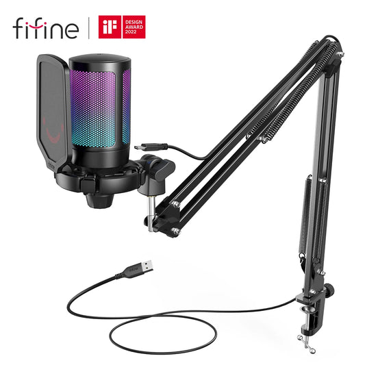 FIFINE USB Gaming Mic Kit with Mute Button & RGB for PC/PS4/5 - A6T