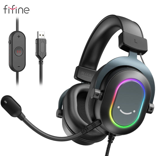 Fifine Dynamic Gaming Headset with Mic Over-Ear Headphones 7.1 Surround Sound PC PS4 PS5 3 EQ Options Game Movie Music