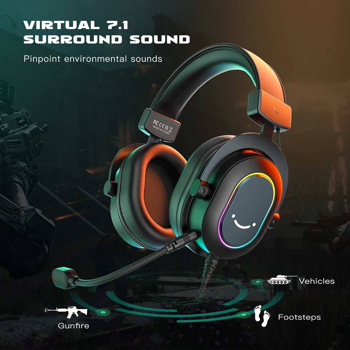 Fifine Dynamic Gaming Headset with Mic Over-Ear Headphones 7.1 Surround Sound PC PS4 PS5 3 EQ Options Game Movie Music